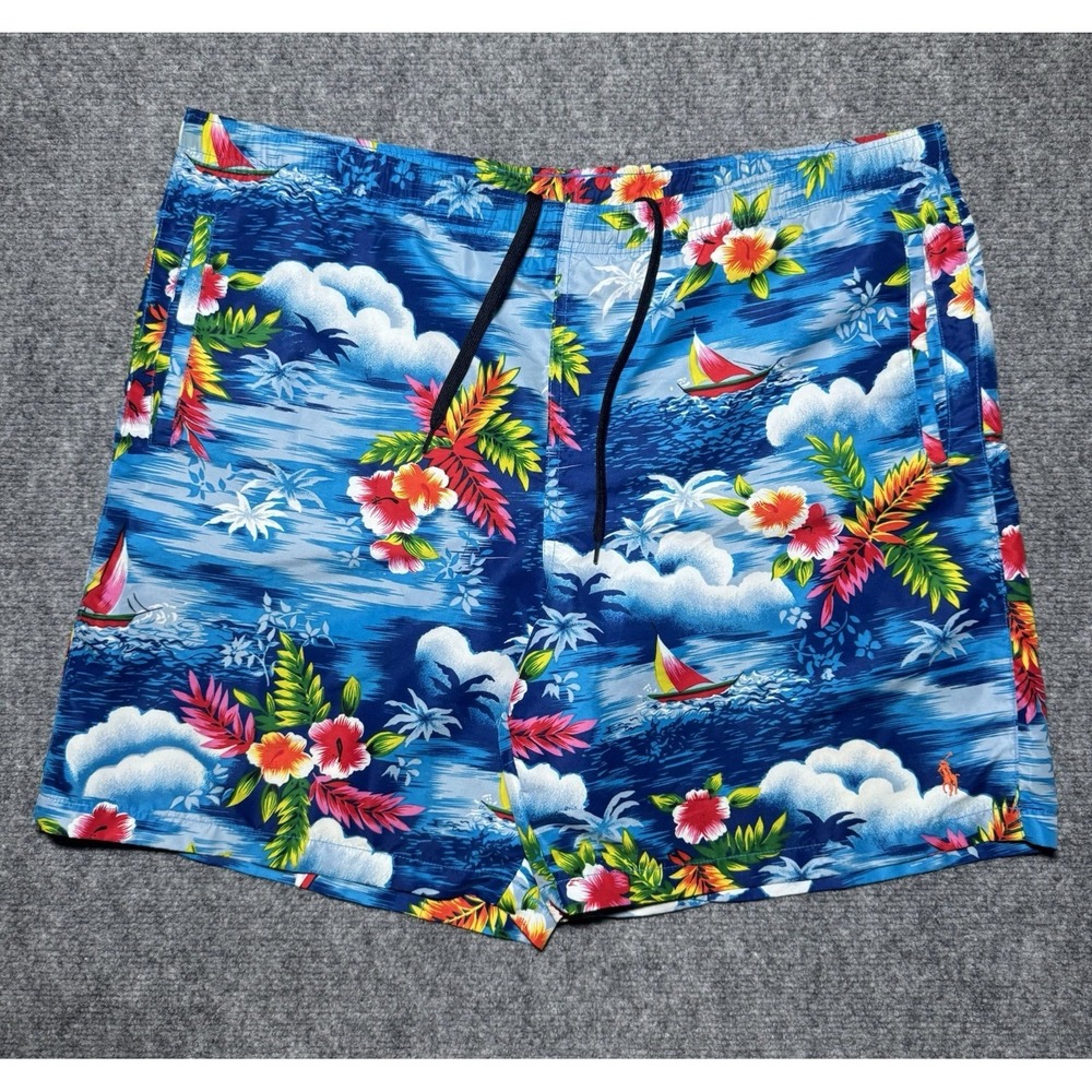 VTG‎ Polo Sport Ralph Lauren Hawaiian Swim Board Trunks Men S Blue Floral Beach